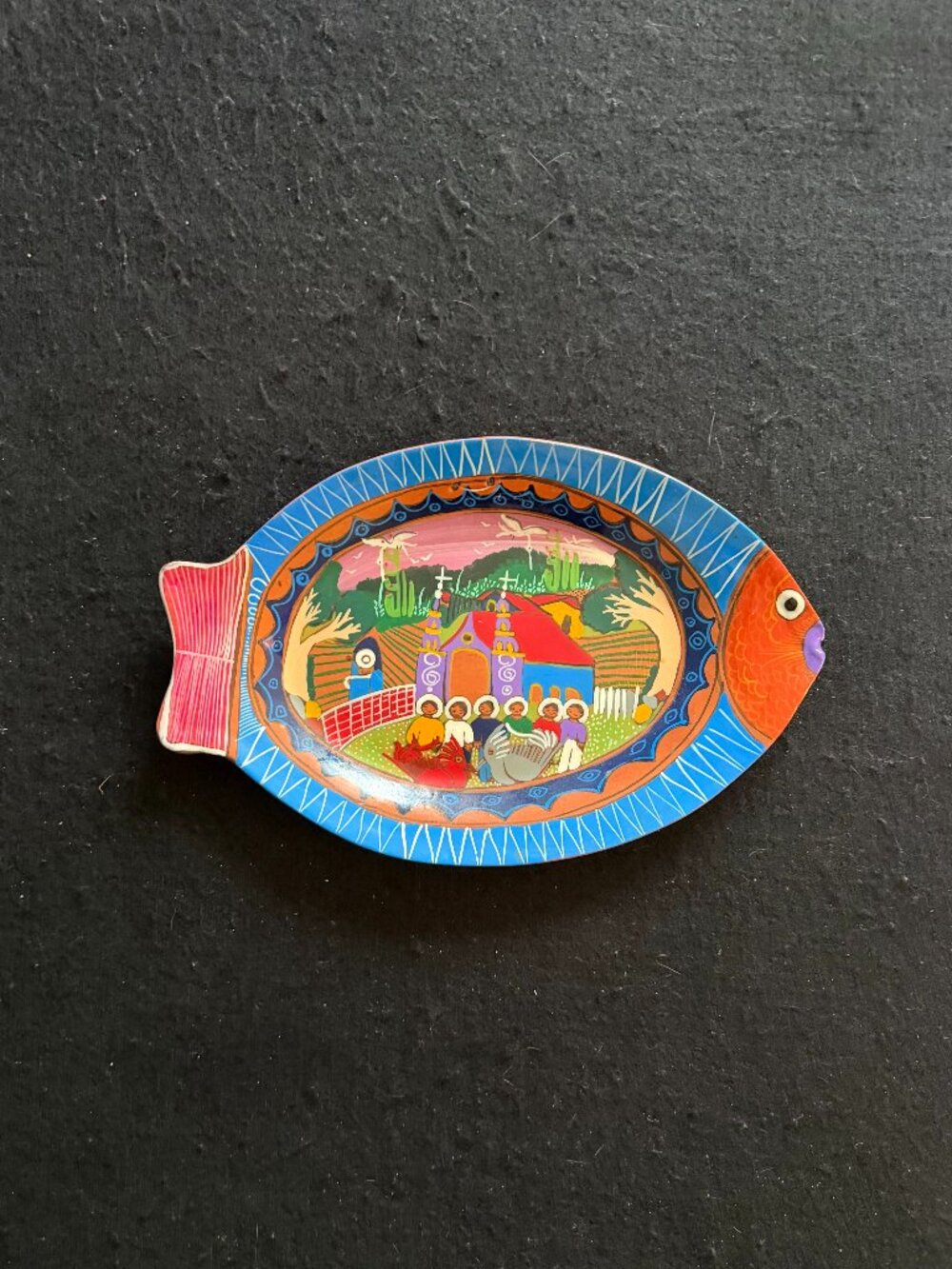 Vintage Mexican Hand-Painted Folk Art Terracotta ‘Fish’ Plate